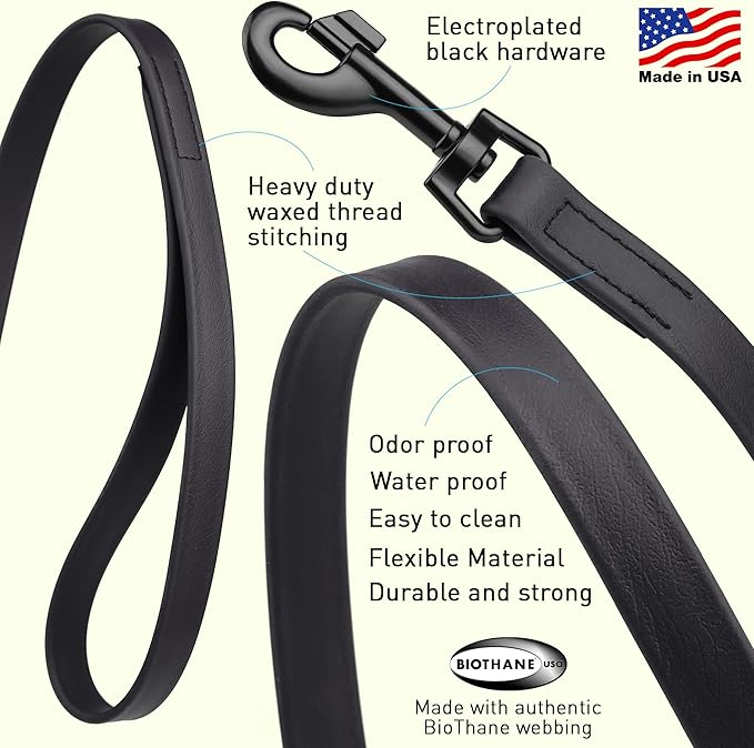 Dogline Biothane Waterproof Dog Leash Strong Coated Nylon Webbing with Black Hardware Odor-Proof Easy to Clean High Performance for Small or Large Dogs Made in USA 4 or 6 ft Lead, Black