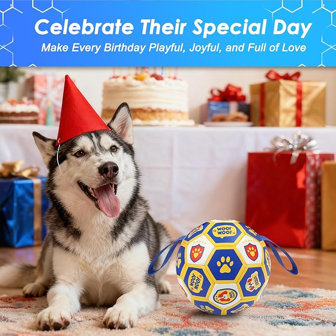 Vivifying Dog Toys Balls, Interactive World Cup Soccer Ball for Small Medium Dogs, Durable PU Enrichment Training Toy with Straps for Indoor and Outdoor Tug-of-War & Playing (6 Inches)