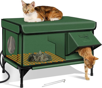 Outdoor Heated Cat House in Winter,Extremely Insulated & Weatherproof,Elevated Feral Cat Shelter with Waterproof Eaves & Escape Door for Outside Stray Barn Cat (Army Green,M)