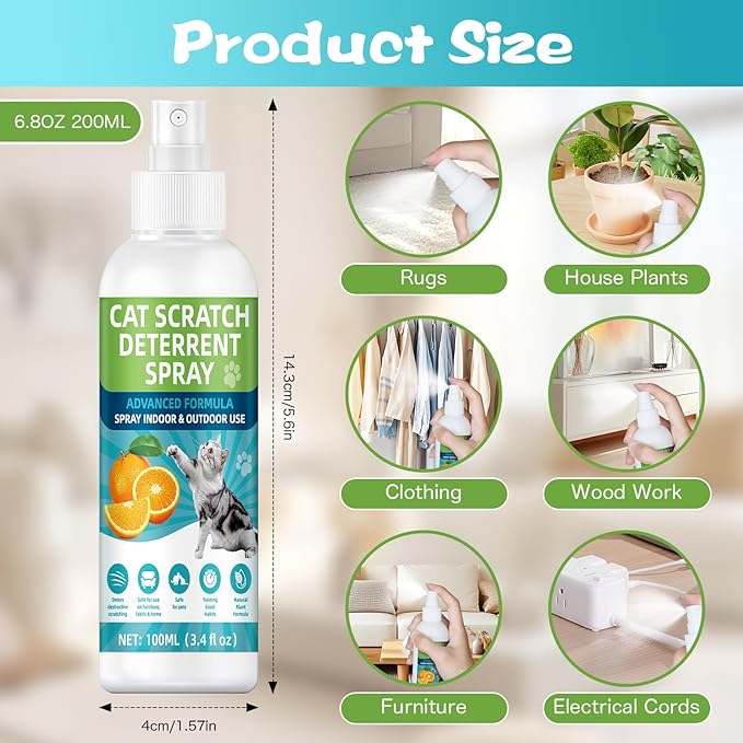 KODASNY Cat Deterrent Spray, Natural Non-Toxic Cat Repellent Spray, Indoor & Outdoor Pet Training Cat Anti-Scratch Spray for Furniture, Carpet, Sofas, Curtain Protection, No Trace Formula (200 ML)