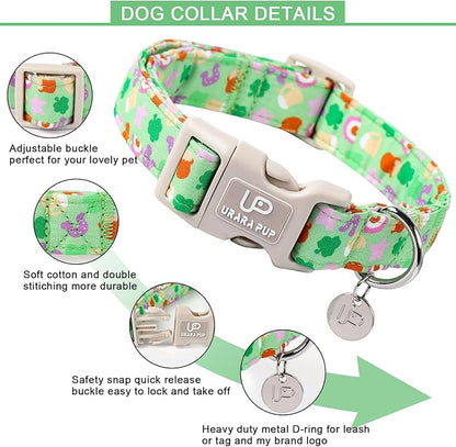 St. Patrick's Dog Collar, Cotton St. Patricks Clover Collar for Puppy Girl Boy Dog or Cat, Lucky Shamrock Dog Collar with Metal Buckle, Spring Green Collars for Dogs