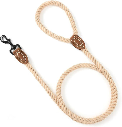 Mile High Life Dog Leash | Braided Cotton Rope Dog Leashes with Leather Tailor Tip | 5 Feet Dog Leash w Heavy Duty Metal Clasp | Wedding Dog Leash (Light Brown, 60 Inches)