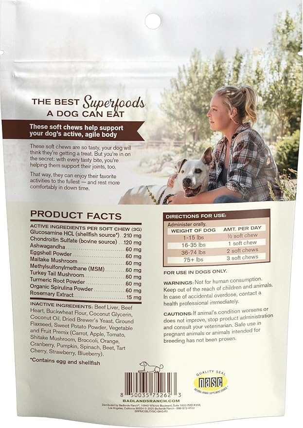 Badlands Ranch Super Mobility Soft Chews for Dogs – Superfood Blend with Glucosamine, Chondroitin & Eggshell Membrane – 60 Soft Chews