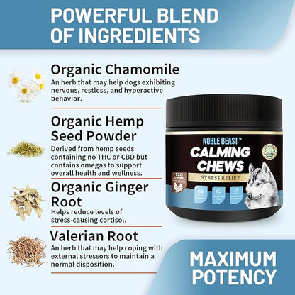 Noble Beast Dog Hemp Calming Chews - Melatonin for Dogs - Dog Calming Treats - Motion Sickness for Dogs - All Natural - Soft Chews with Hemp and Melatonin - Chicken Flavor -120 Count