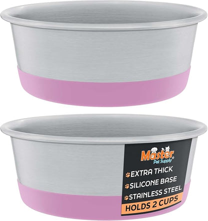 Master Pet Supply Stainless Steel Dog Bowls Set of 2 with Extra Thick Silicone Base - 2 Cup (16 oz) Hyper Pink, Non-Slip, Dishwasher Safe Metal Bowls, Pet Dog Food Bowl for Dogs, Cats, Anti Rust