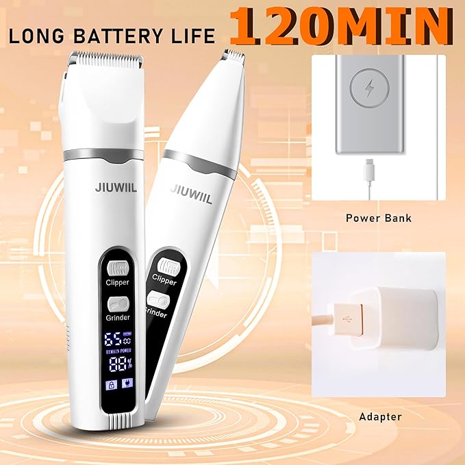 JIUWIIL Dog Clippers for Grooming, 4 in 1 Dog Grooming Kit Hair Clipper with LCD Display, Dog Trimmer for Grooming, Dog Hair Trimmer for Paw Nail Grinder,Shaver Grooming Supplies for Pet Cats Dogs