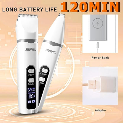 JIUWIIL Dog Clippers for Grooming, 4 in 1 Dog Grooming Kit Hair Clipper with LCD Display, Dog Trimmer for Grooming, Dog Hair Trimmer for Paw Nail Grinder,Shaver Grooming Supplies for Pet Cats Dogs