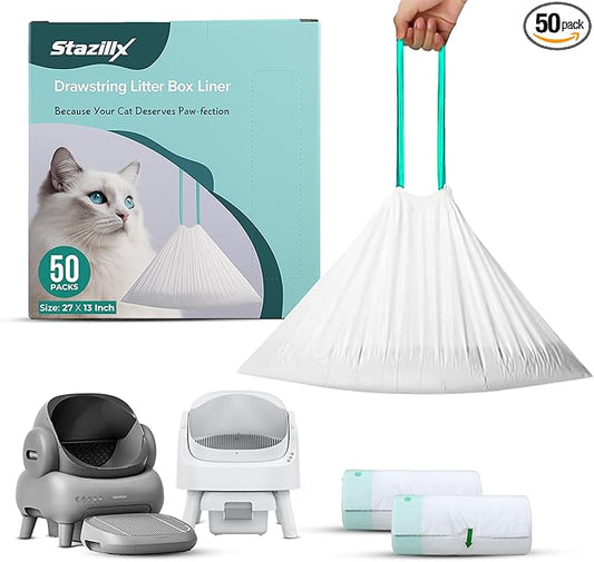 50 Count Cat Litter Liners - 27x13 Inches - Compatible With Neakasa Litter Box M1 & Petpivot Autoscooper 11 litter box - Leak & Tear Proof Heavy Duty Drawstring in Center for Mess-Free Cleaning
