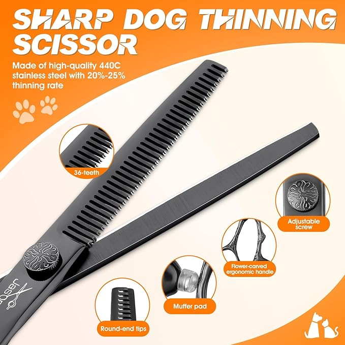 JASON Dog Grooming Scissors Set Professional 6 in 1 Dog Shears Kit - 6.5" Thinning, 7" Straight, 7" Up-Curved, 7" Down-curved Shears and Comb for Dog Cat Pet with Adjustable Screw (Black) Christmas