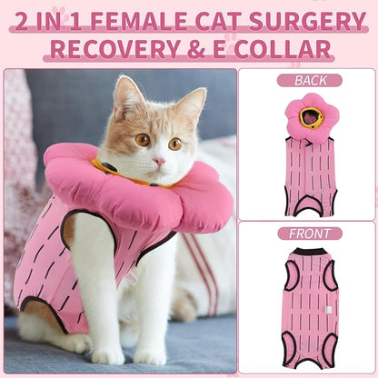 EMUST 2PCS Cat Recovery Suit, Cat Surgery Suit for Abdominal Wounds, Adjustable Flower Neck Cone Collar Soft, Cats Onesie After Surgery for 4-8lb(Pink, M)