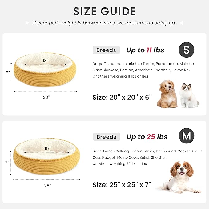 Love's cabin Round Donut Cat and Dog Cushion Bed, 25in Pet Bed for Small or Medium Dogs, Anti-Slip & Water-Resistant Bottom, Soft Durable Fabric Pet Beds, Washable Calming Cat Bed Yellow Stripe