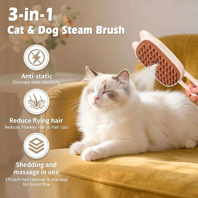 Cat Steam Brush for Dog & Cat, Spritz Defur Comb 3 in 1 Pet Rechargeable Steam Brush Tool for Long and Short Haired Cats and Dogs, Anti-Static, Shedding, Detangling, Massage & Combing (White)