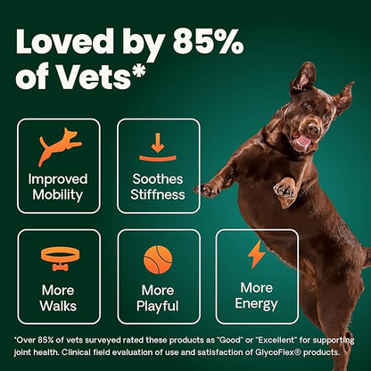 VetriScience Ultimate Strength Healthy Hip & Joint Chews, GlycoFlex Glucosamine, Chondroitin and Green-Lipped Mussel Joint Support Supplement for Dogs, Soothe Joint Discomfort, Duck, 60 Count