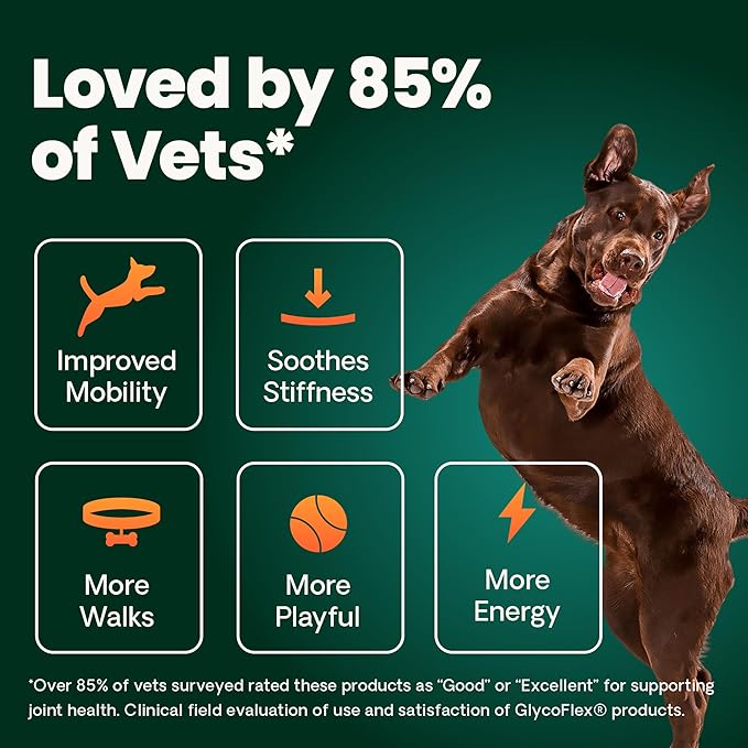 VetriScience Extra Strength Healthy Hip & Joint Chewable Tablets, GlycoFlex Glucosamine and Green-Lipped Mussel Joint Support Supplement for Dogs, Soothe Joint Discomfort, Chicken, 120 Count