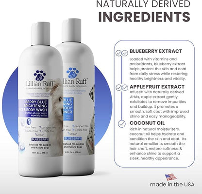 Lillian Ruff PRO Formula Berry Blue Brightening Dog Shampoo & Conditioner Set - Professional Show-Quality Whitening, Stain & Odor Eliminator, Hydrating Relief for Dry Skin, ProVitamin B5, USA Made