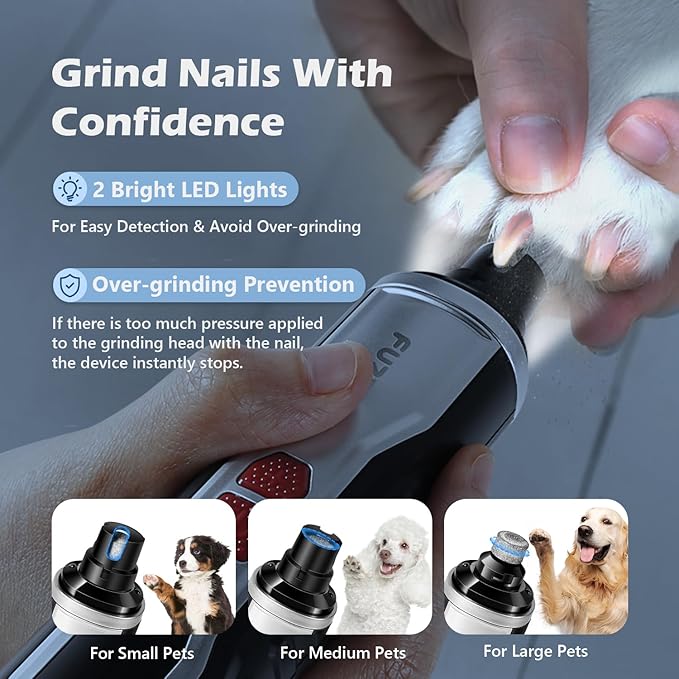 FuzzyFix Dog Nail Grinder, Nail Clippers with LED Light, USB Rechargeable Electric Dog Nail Trimmer 5-Speed Paws Grooming & Smoothing for Large Medium Small Dogs Cats Pet