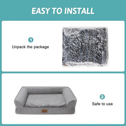 COZY KISS Orthopedic Dog Bed for Large Medium Size Dog, L Pet Sofa for Dog Cat, Big Supportive Foam Bolster U Shaped Couch with Waterproof Lining Cover, Anti-Slip, Washable, 36x27x7.5 inch, Grey