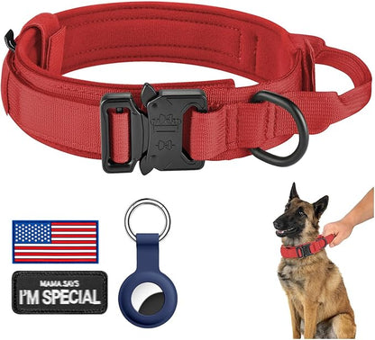 DAGANXI Tactical Dog Collar, Adjustable Military Training Nylon Dog Collar with Control Handle and Heavy Metal Buckle for Medium and Large Dogs, with Patches and Airtags Case (Red, L)