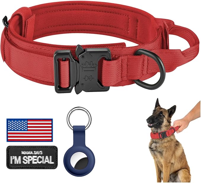 DAGANXI Tactical Dog Collar, Adjustable Military Training Nylon Dog Collar with Control Handle and Heavy Metal Buckle for Medium and Large Dogs, with Patches and Airtags Case (Red, XL)