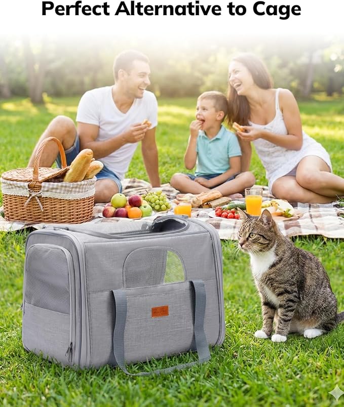 Morpilot Pet Travel Carrier Bag, Soft-Sided Dog Carrier Cat Carrier Pet Carrier, for Large Cats and Medium Puppies up to 25lbs, w/Locking Safety Zippers, Foldable Bowl (Light Gray)