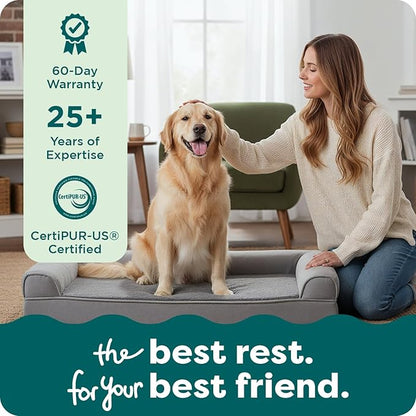 Furhaven Cooling Gel Dog Bed for Large/Medium Dogs w/ Removable Bolsters & Washable Cover, For Dogs Up to 55 lbs - Faux Fur & Velvet Sofa - Dark Sage, Large
