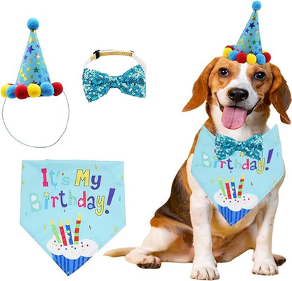 Pet Birthday Party Set with Hat and Bandana for Dogs and Cats with Star Pattern Design, Adjustable Sequin Bow tie Accessories, Blue Birthday Boy Scarf (Blue)