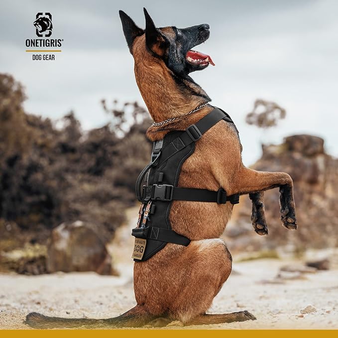 OneTigris Escape Proof Dog Harness, No Pull Dog Harness with Handles, Tactical Multi-Use Support Dogs Harnes for Large Dogs Everyday Wear Walking Hiking Training (Black, Large)