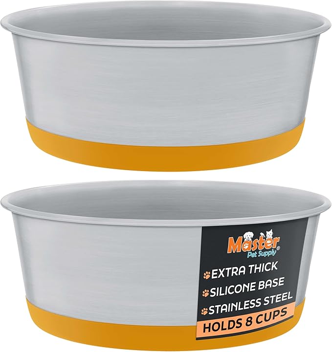 Master Pet Supply Stainless Steel Dog Bowls Set of 2 with Extra Thick Silicone Base - 8 Cup (64 oz) Mango Tango, Non-Slip, Dishwasher Safe Metal Bowls, Pet Dog Food Bowl for Dogs, Cats, Anti Rust