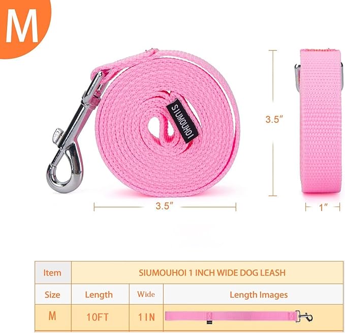 Siumouhoi 10 ft Strong Durable Nylon Dog Training Leash, Traction Rope, 1 Inch Wide, for Small and Medium Dog (Pink, 10 Feet)