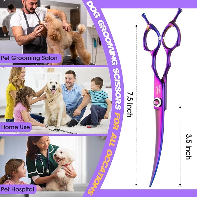 JASON 7.5" Dog Grooming Scisssors - Professional Curved Shears for Dogs, Japanese 440C Stainless Steel Dog Cutting Scissors with Diamond Adjustable Screw Christmas Gift