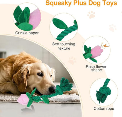 Rose Flower Plush Squeaky Dog Toys with Crink Paper for Small Medium Large Dogs
