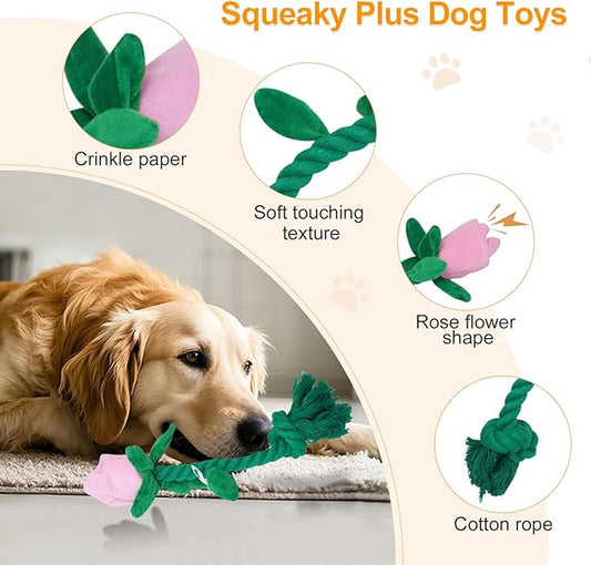 Rose Flower Plush Squeaky Dog Toys with Crink Paper for Small Medium Large Dogs