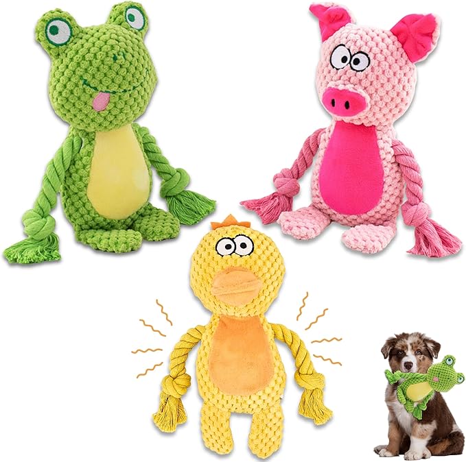 Leash and Leisure Plush Dog Toys, 3-Pack Variety Set with Squeaker, Crinkle Paper, Rope, Non-Toxic, Soft & Durable, Teething Puppy Toys- Farm Friends or Jungle Pals, 9.45 x 3.94 inches (Farm Friends)