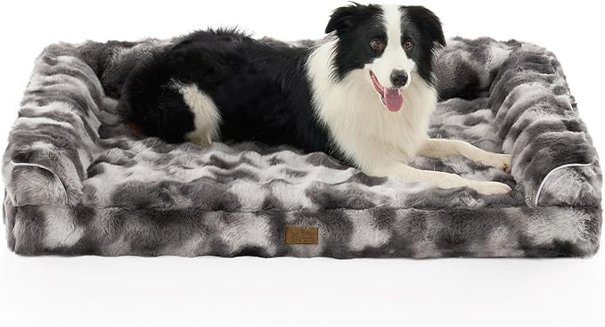 Faux Fur Orthopedic Dog Bed, Extra Large Dog Bed, Supportive Foam Pet Sofa with Waterproof Lining Cover, Washable U-Shaped Pet Couch with Anti-Slip Bottom Design, Tie-dye Grey XXL 48x32x8 inch