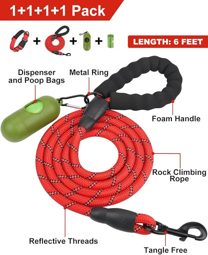 Dynmeow Reflective Dog Collar and Leash Set, 6FT Strong Climbing Rope Leash with Padded Handle, Adjustable Pet Collar with Soft Neoprene Padding for Large Dogs, Red, L