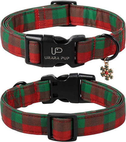 Christmas Dog Collar, Red and Green Plaid Adjustable Pet Collar with Snowflake Charm, Holiday Dog Accessories for Small Medium Large Dogs