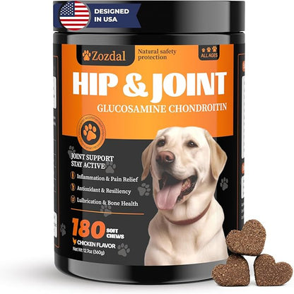 Joint Supplement for Dogs, 180 Chicken Flavor Chews, Glucosamine Chondroitin with MSM, Turmeric & Green Lipped Mussel, for Large Breed & Senior Dogs, Hip & Joint Pain Relief and Health Support
