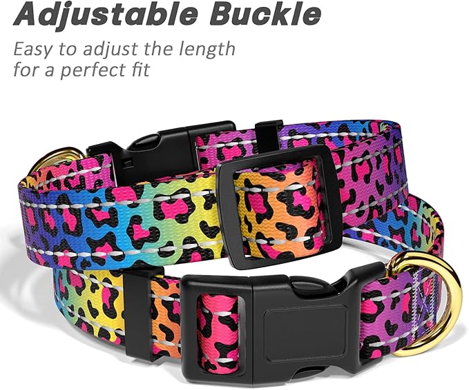 Reflective Dog Collar for Small Dogs Cats, Cute Leopard Style Adjustable Heavy-Duty Nylon Puppy Collar for Boy and Girl Female, Soft Pet Accessories with Quick Release Buckle, Neon