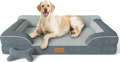 CWAWZ Jumbo Dog Bed for Extra Large Dogs, Orthopedic Dog Bed with Cooling Gel Memory Foam, Waterproof Pet Bed with Removable Washable Cover, 45" Pet Sofa Couch Dutch Velvet with Bone Toy, Dark Gray