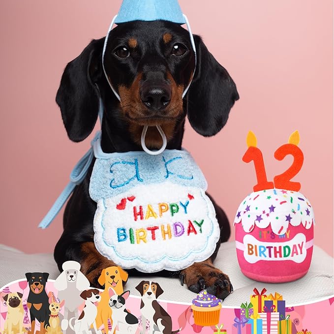 Dog Birthday Cake Toy Accessories for Girl Boy Gifts, Squeaky Plush Toy for Dog Birthday Party Decor Favor for Large, Medium and Small Dogs(12th,Pink)