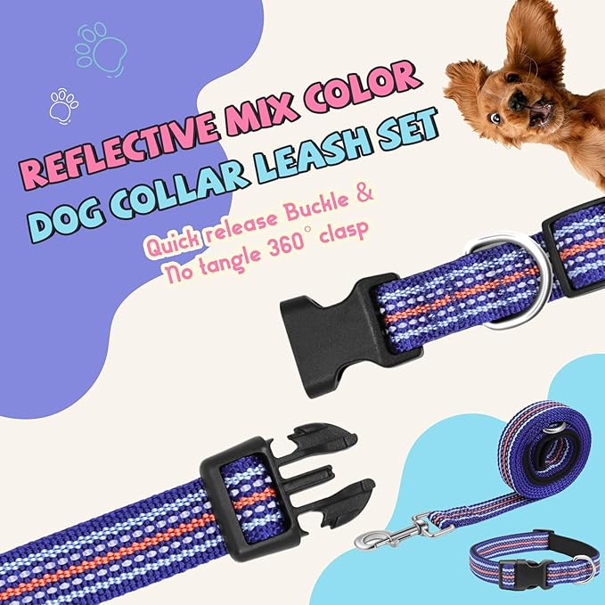 Reflective Dog Collar and Leash Set, Nylon Dog Leash with Heavy-Duty Steel D-Ring, Adjustable with Quick Release Buckle for Medium Dogs, Dark Blue M