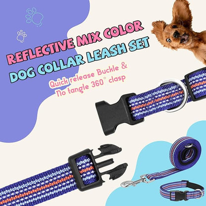 Reflective Dog Collar and Leash Set, Nylon Dog Leash with Heavy-Duty Steel D-Ring, Adjustable with Quick Release Buckle for Large Dogs, Dark Blue L