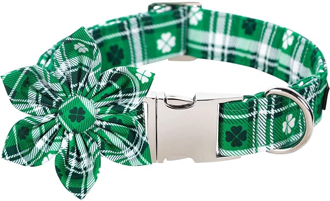 Lionet Paws St Patricks Day Dog Collar with Flower, Irish Green Shamrock Clover Flower Collar with Metal Buckle for Dogs, Adjustable Comfortable Dog Collar Girl, L, Neck 16-24 in