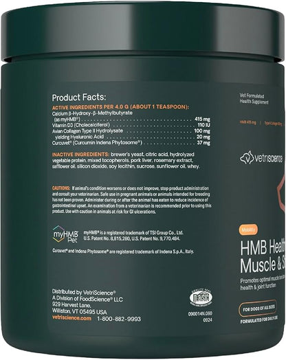 VetriScience HMB Healthy Muscle & Strength Supplement for Dogs, Mobility Support & Muscle Builder with Collagen, Calcium, Vitamin D & Curcumin, Powder, Pork, 8.47 oz - New Look