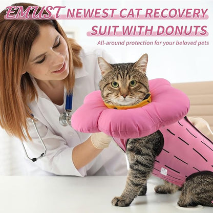EMUST 2PCS Cat Recovery Suit, Cat Surgery Suit for Abdominal Wounds, Adjustable Flower Neck Cone Collar Soft, Cats Onesie After Surgery for 4-8lb(Pink, M)