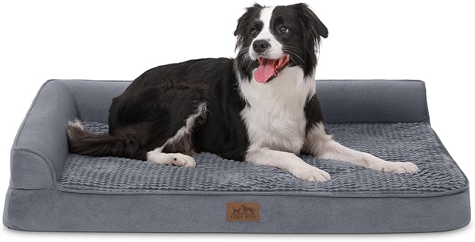 Orthopedic Dog Bed for Large Size Dog, XL Dogs Crate Bed, L Shaped Foam Anti-Slip Bottom Pet Cat Sofa with Washable Removable Cover, Suitable for Pet Up to 100 lbs, 42x30x7.5 inch, Grey
