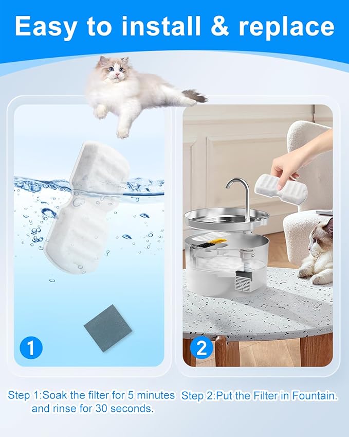 MyfatBOSS 8+8 Pack Cat Water Fountain Filter Replacement Compatible with 74oz/2.2L, 87oz/2.6L Cat Water Fountain Stainless Steel, Activated Carbon Filter and Ultra-fine Fiber