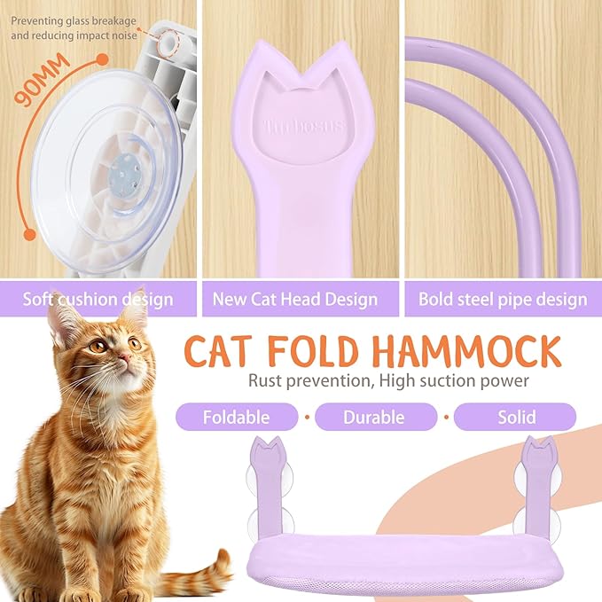 2 Pack Cat Window Perch,Cat Window Hammock Cordless Foldable Window Bed with 4 Large Strong Suction Cup,Reversible Cushion Cover,Metal Frame Easy to Adjust Window Seat Holds up to 40lbs(Purple，M)