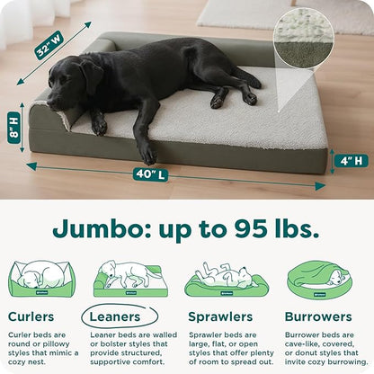 FurHaven Orthopedic Dog Bed for Large Dogs, L-Shaped Chaise Mattress with Orthopedic Egg Crate & Solid Orthopedic Foam Base for Joint Support, Washable Cover, Jumbo XL, Faux Fur & Suede, Dark Sage