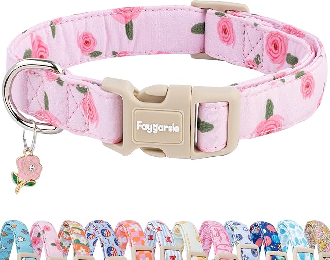 Faygarsle Pink Floral Dog Collar with Roses Pattern, Spring Summer Design for Small Medium Large Dogs S